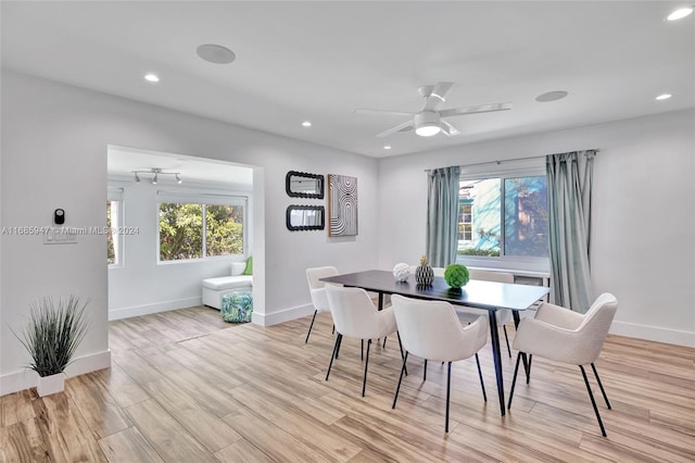 dining room featuring light hardwood / wood-style flooring and ceiling fan