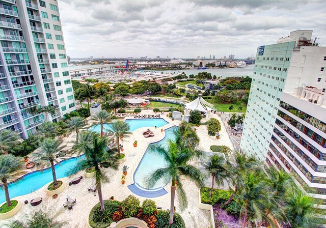 bird's eye view with a water view