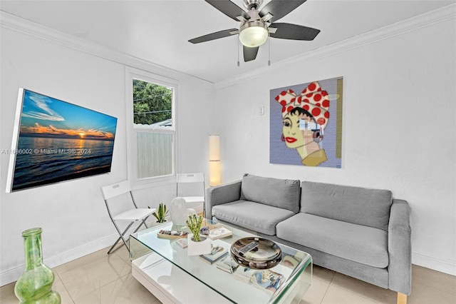 living room with ornamental molding and ceiling fan