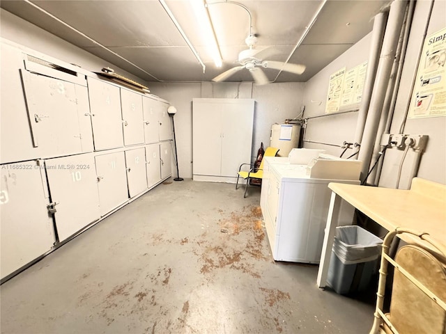 interior space featuring washer and clothes dryer, ceiling fan, and water heater