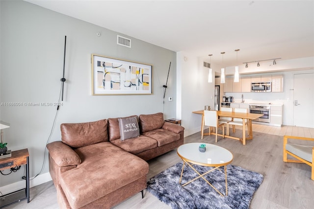 living room with light hardwood / wood-style floors and track lighting