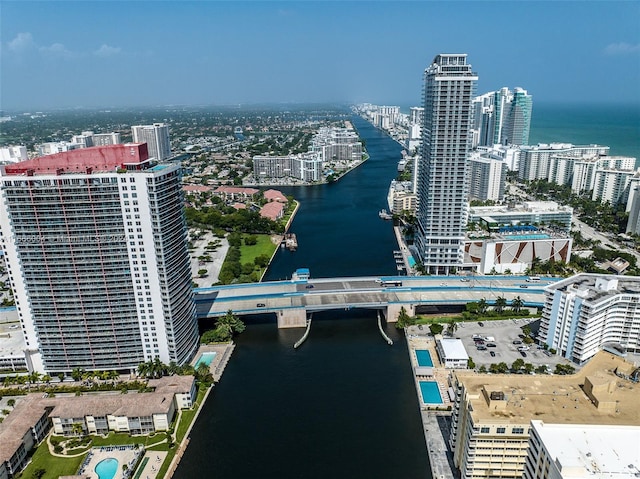 bird's eye view with a water view