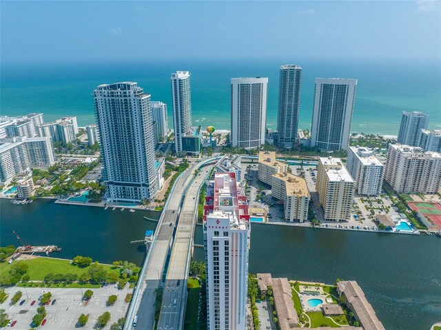 aerial view featuring a water view