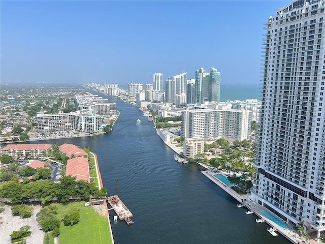 aerial view featuring a water view