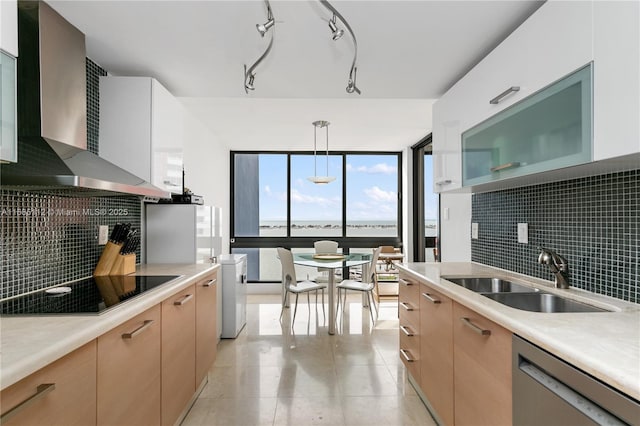 kitchen featuring black electric stovetop, dishwasher, wall chimney range hood, pendant lighting, and sink