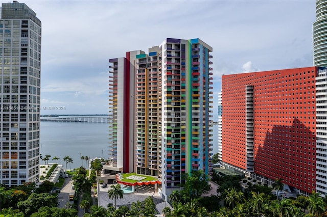 view of building exterior with a water view