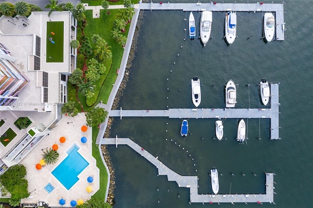 drone / aerial view with a water view