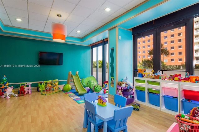 rec room with a drop ceiling and hardwood / wood-style flooring