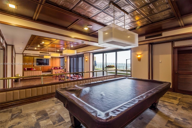 recreation room with carpet flooring, pool table, coffered ceiling, and ornamental molding