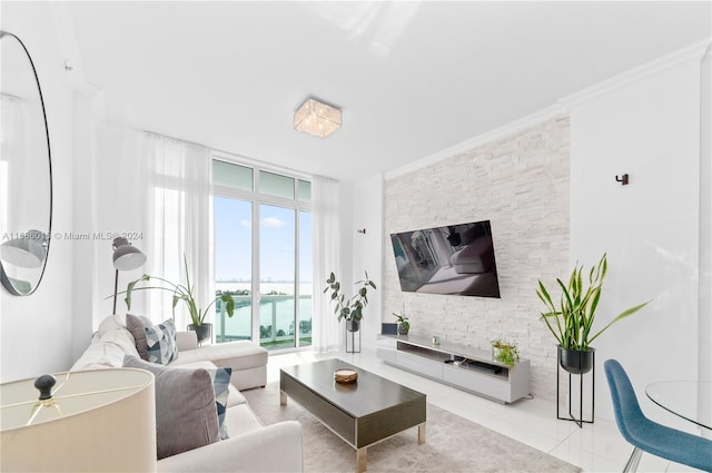 tiled living room featuring ornamental molding