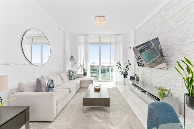 tiled living room with expansive windows and crown molding