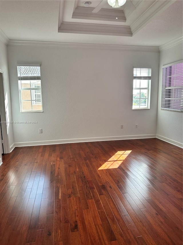 empty room with dark hardwood / wood-style floors, a raised ceiling, ceiling fan, and crown molding