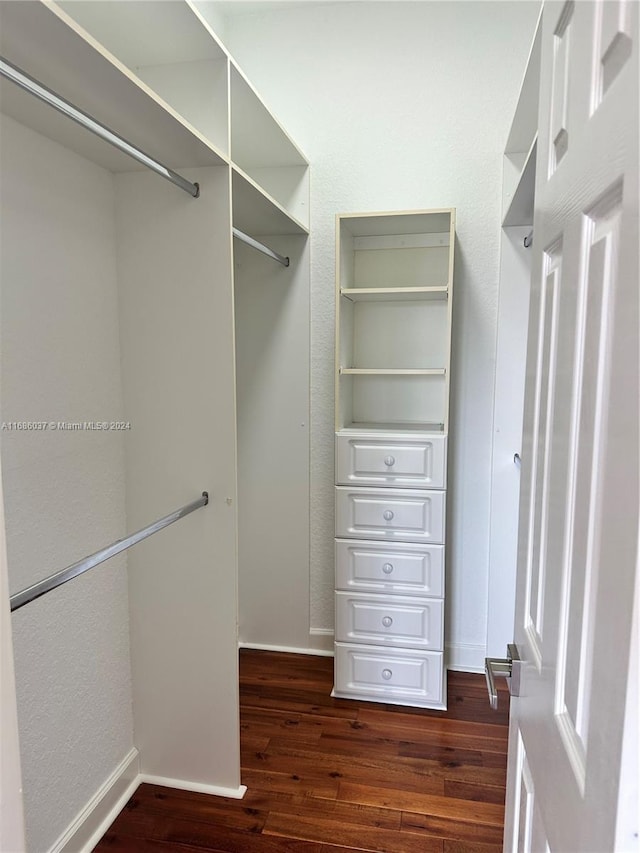 spacious closet with dark hardwood / wood-style flooring