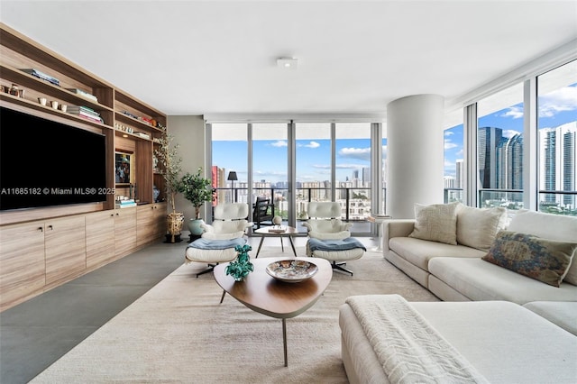 living room with concrete flooring and a wall of windows