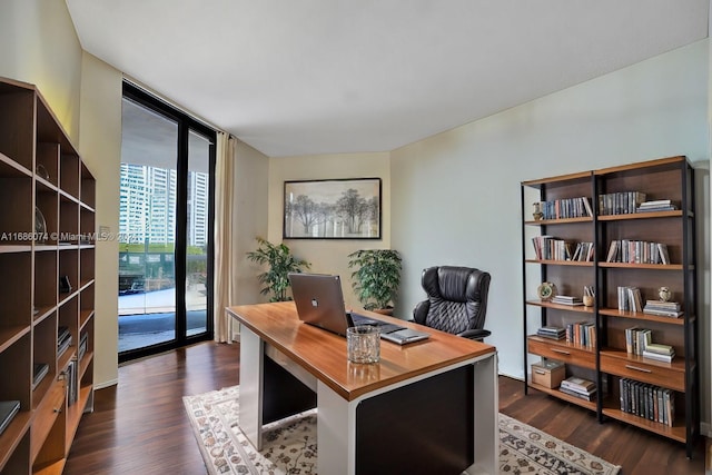 office space featuring floor to ceiling windows and dark wood-type flooring