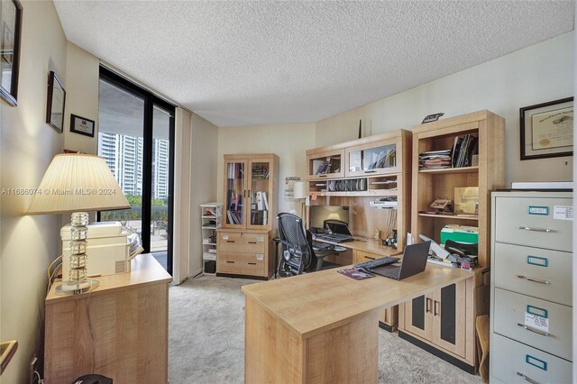 office featuring floor to ceiling windows, light carpet, and a textured ceiling