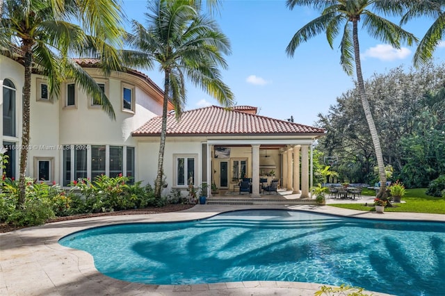 view of pool featuring a patio and ceiling fan