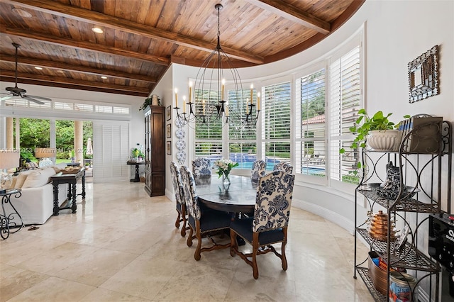 dining area with ceiling fan with notable chandelier, a healthy amount of sunlight, wooden ceiling, and beam ceiling