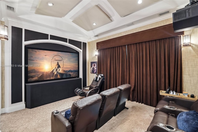 carpeted home theater room featuring crown molding and coffered ceiling