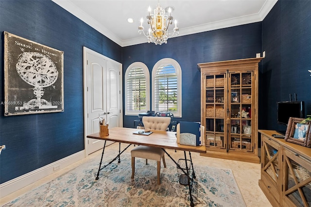 home office with an inviting chandelier and ornamental molding