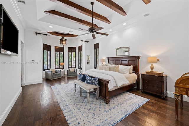 bedroom featuring beamed ceiling, ceiling fan with notable chandelier, dark hardwood / wood-style floors, and ornamental molding