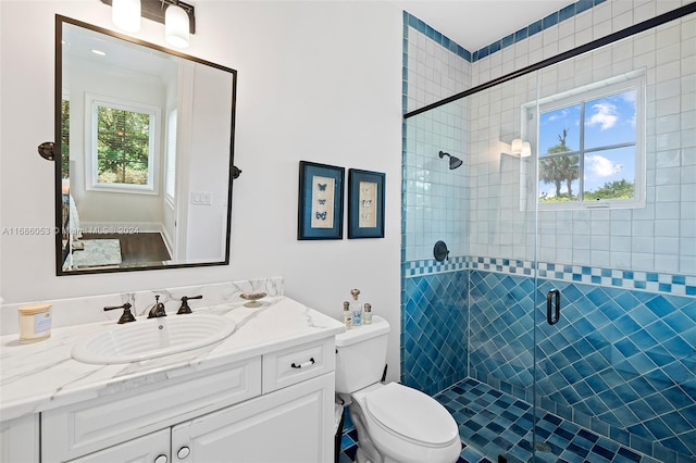 bathroom with plenty of natural light, toilet, a shower with door, and vanity