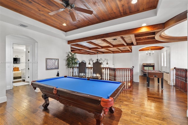 playroom with ceiling fan with notable chandelier, a raised ceiling, wood-type flooring, wooden ceiling, and pool table