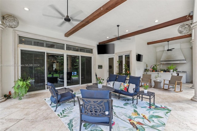 view of patio featuring ceiling fan, french doors, and an outdoor hangout area