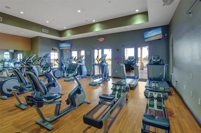 exercise room featuring light hardwood / wood-style floors