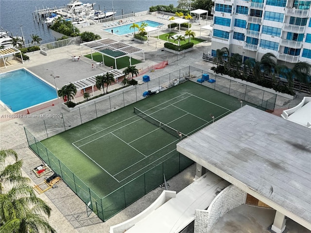 aerial view featuring a water view