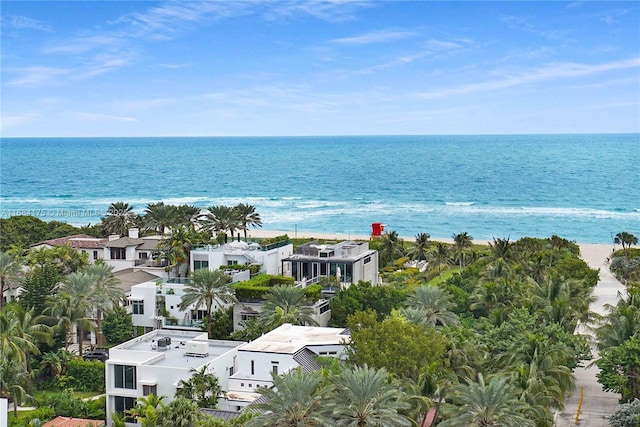 bird's eye view with a water view and a beach view