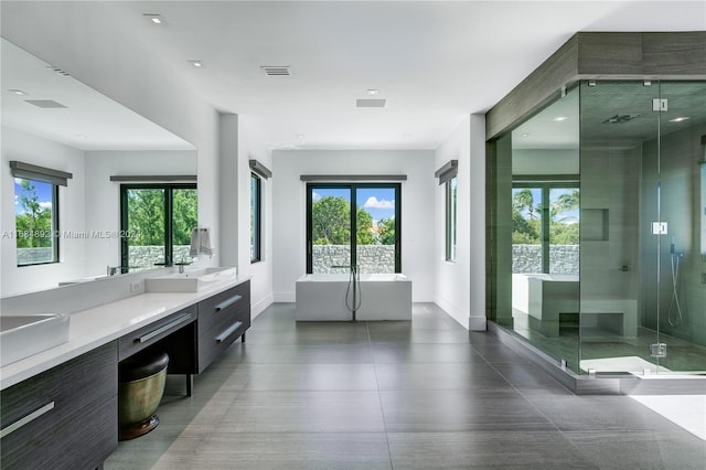 bathroom featuring vanity, plus walk in shower, and plenty of natural light