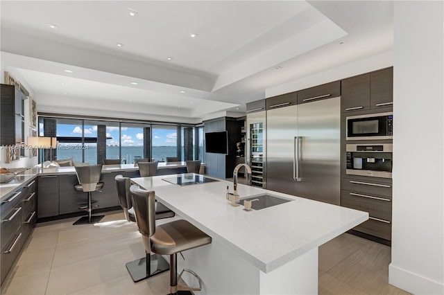 kitchen featuring a tray ceiling, a center island with sink, sink, a kitchen bar, and appliances with stainless steel finishes