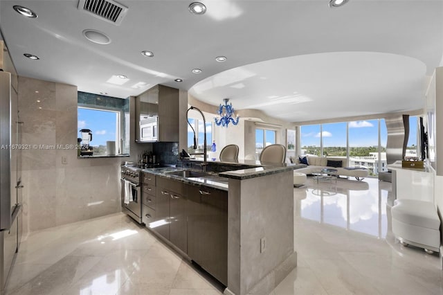 kitchen featuring dark brown cabinets, a healthy amount of sunlight, and high end stove