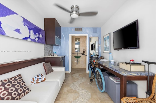 office area featuring sink and ceiling fan