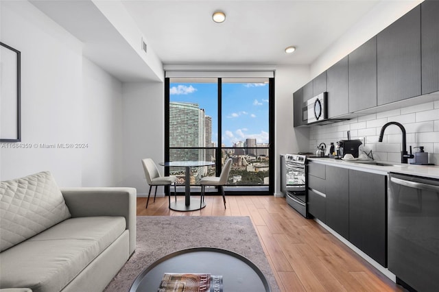 kitchen featuring sink, appliances with stainless steel finishes, decorative backsplash, and light hardwood / wood-style floors