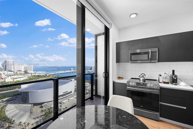 kitchen featuring a water view, backsplash, stainless steel appliances, and light wood-type flooring