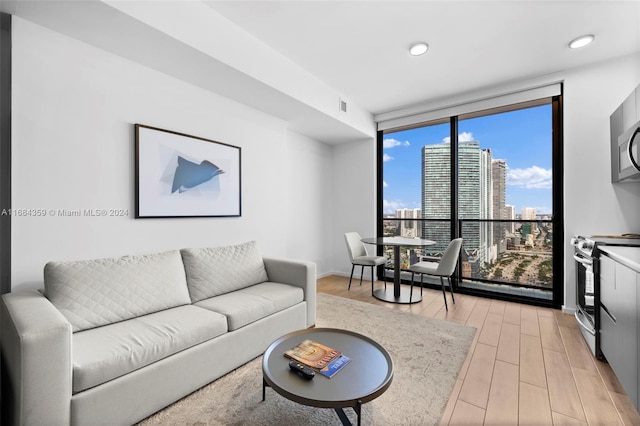 living room featuring light hardwood / wood-style floors and floor to ceiling windows