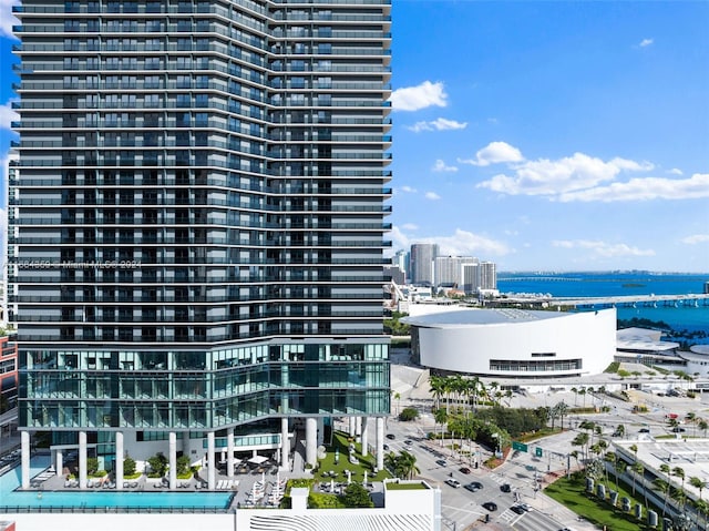 view of building exterior featuring a water view