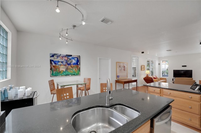 kitchen with stainless steel dishwasher, light brown cabinets, and sink