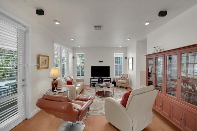 living room with light hardwood / wood-style flooring