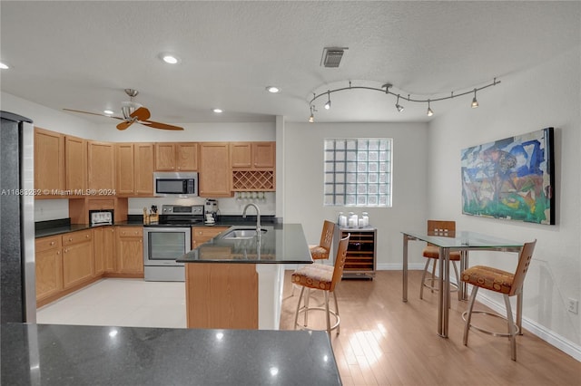 kitchen featuring light wood-type flooring, appliances with stainless steel finishes, a textured ceiling, sink, and ceiling fan