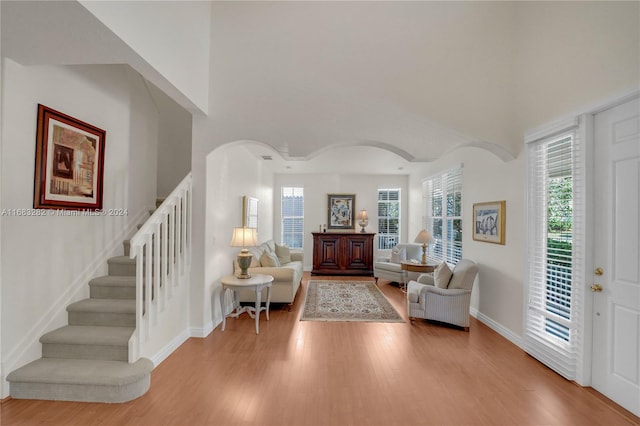 entryway featuring hardwood / wood-style floors and a high ceiling