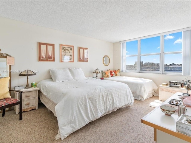 carpeted bedroom with a textured ceiling