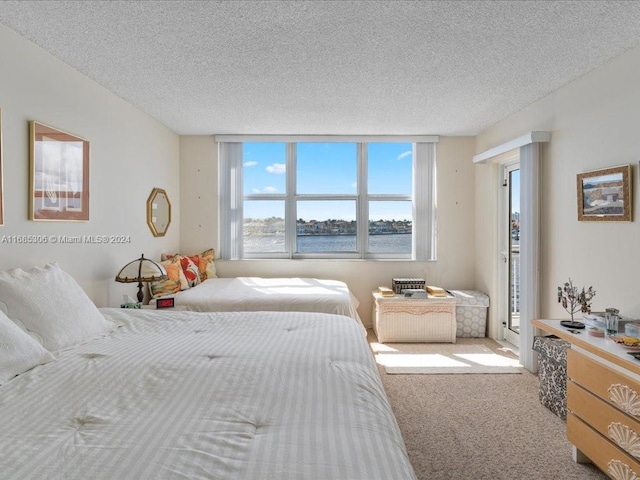 carpeted bedroom with a textured ceiling and a water view