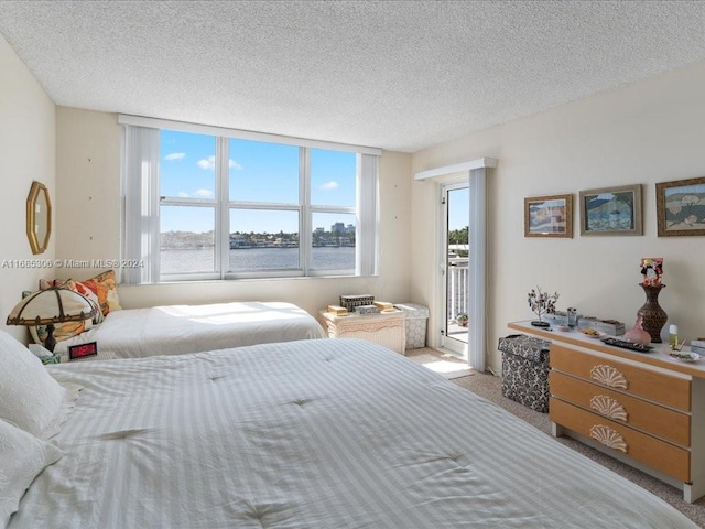 carpeted bedroom with a textured ceiling and a water view