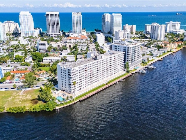 drone / aerial view featuring a water view