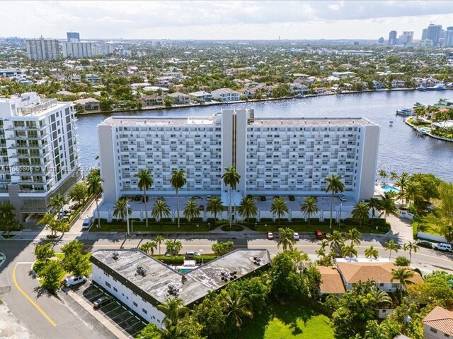 drone / aerial view with a water view