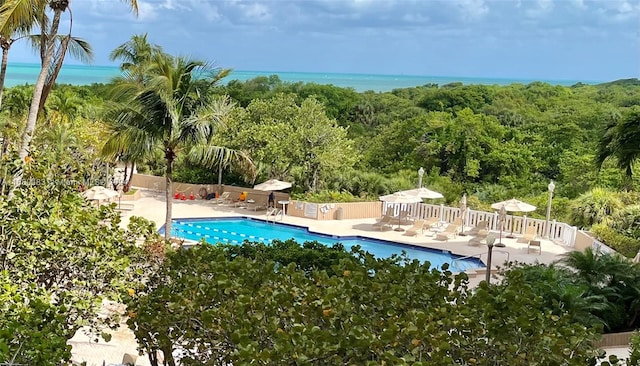 view of swimming pool with a patio area and a water view