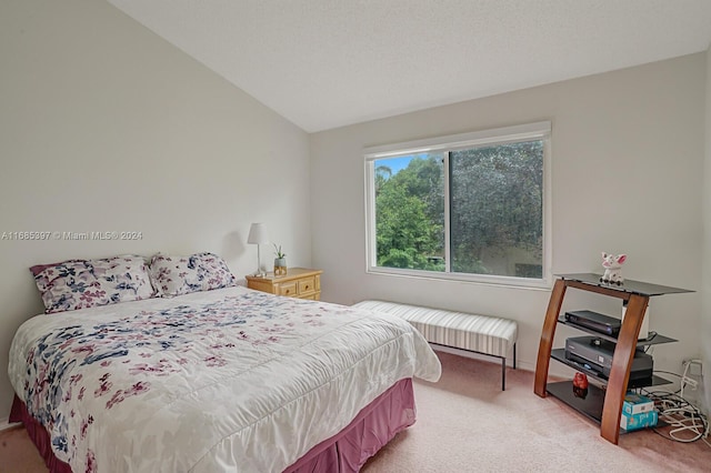 carpeted bedroom featuring lofted ceiling